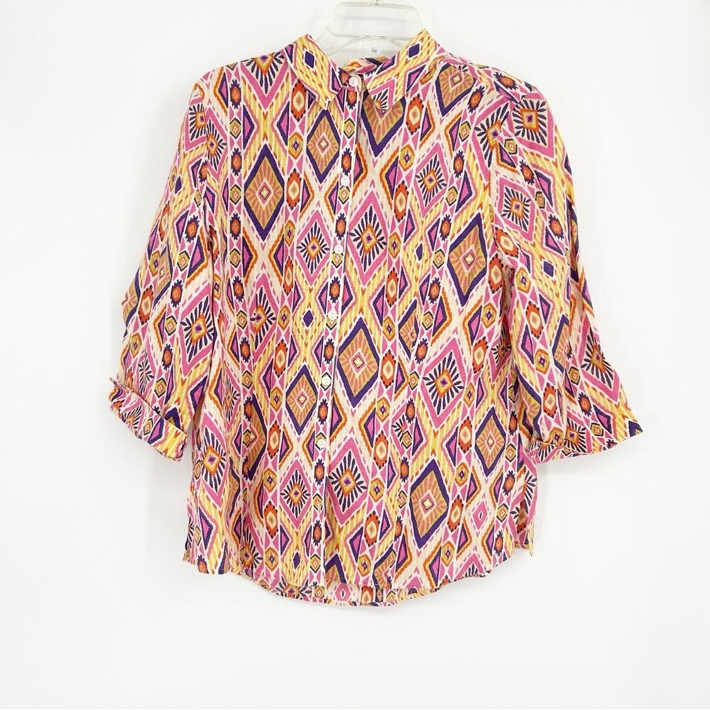 Chico’s Size 1 US Size 8 100% Linen Geometric Print Women's Button Front Top